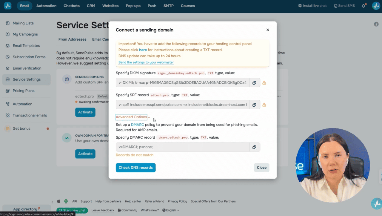 Domain settings — SPF, DKIM, and DMARC record generation
