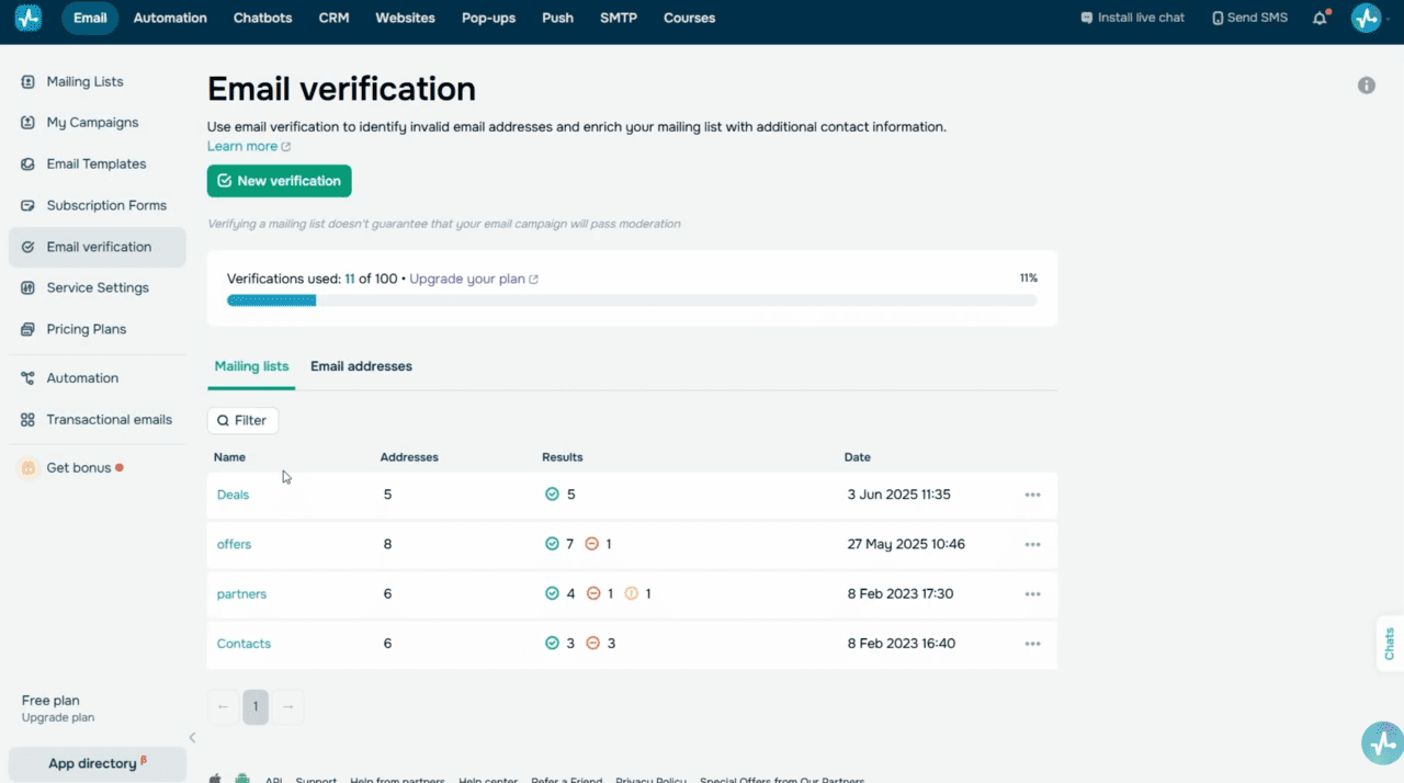 Email verifier — mailing list verification results with address statuses