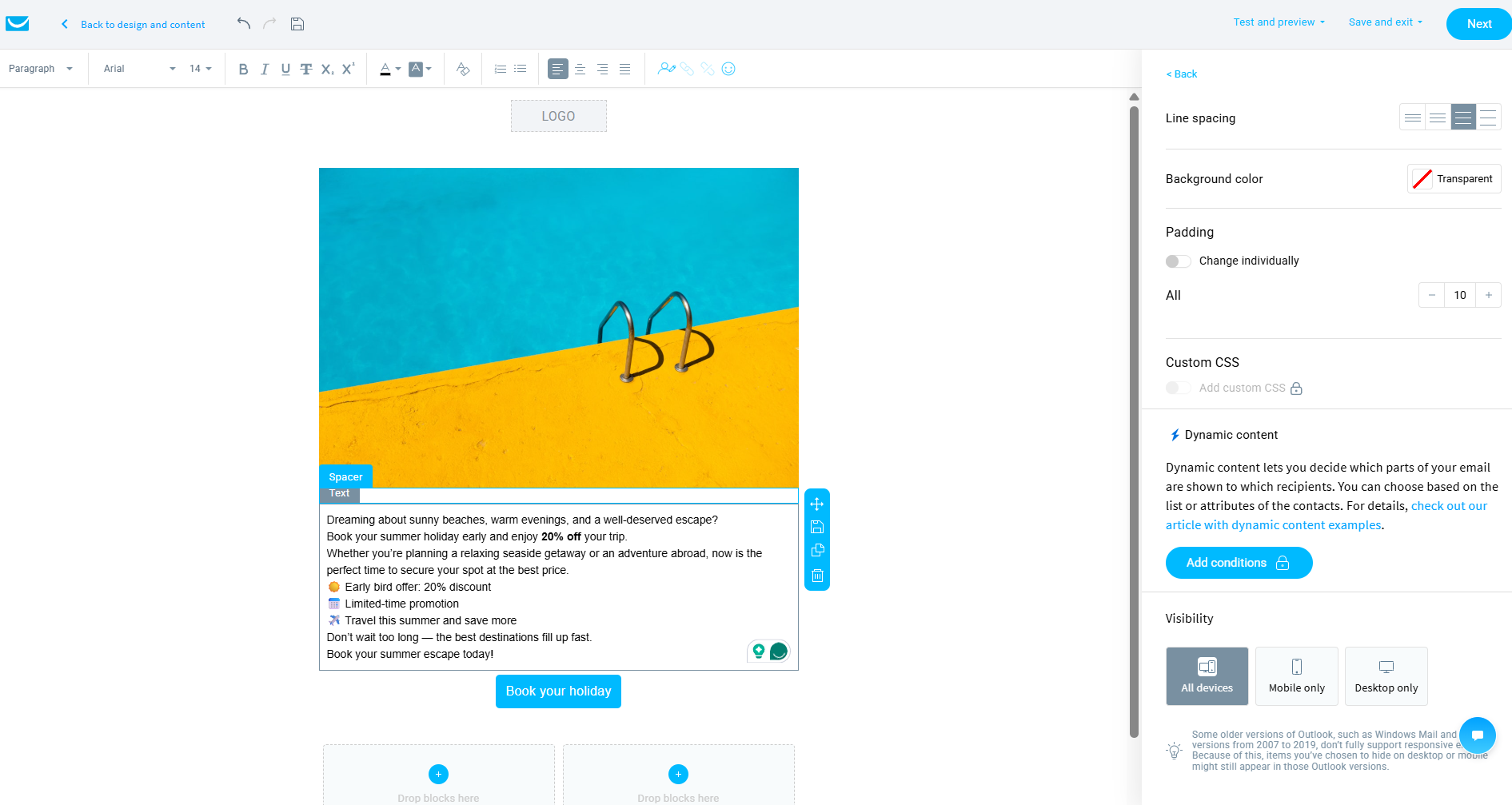 test campaign in the GetResponse email builder 