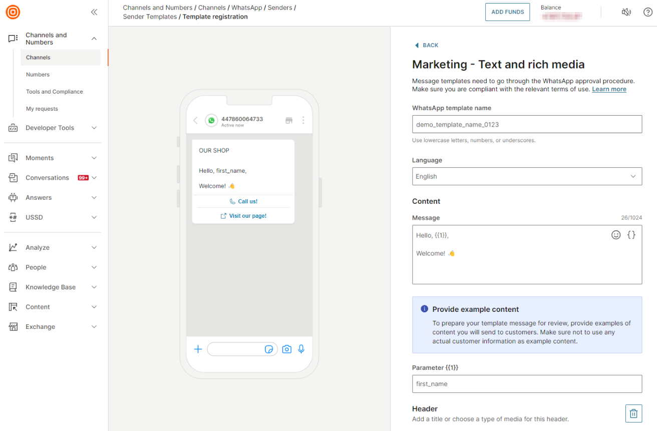 WhatsApp marketing message template in Infobip