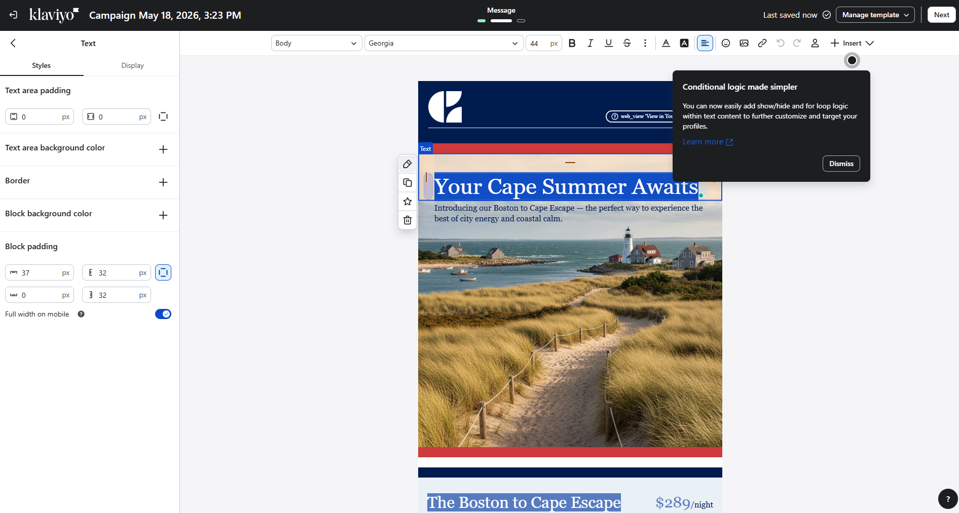 promotional email in Klaviyo's editor