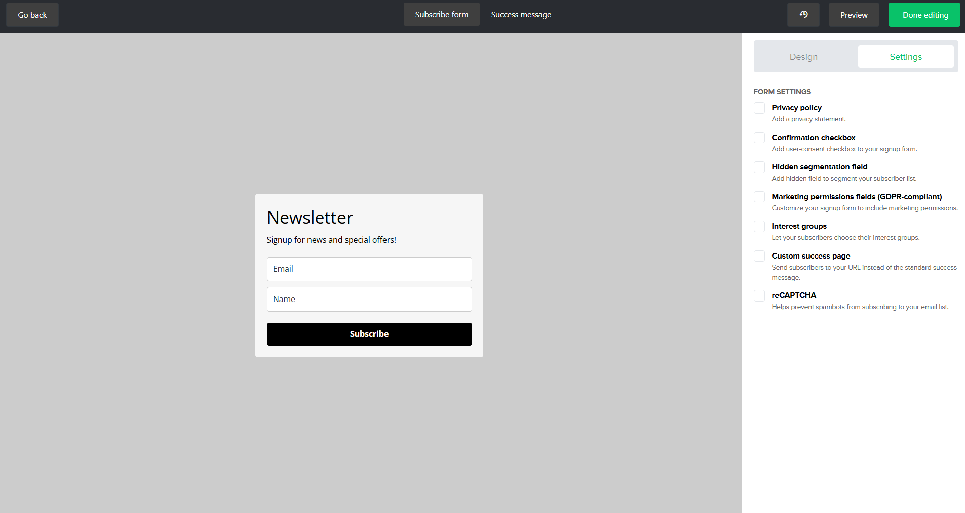 signup form builder, with GDPR permissions, interest groups, reCAPTCHA