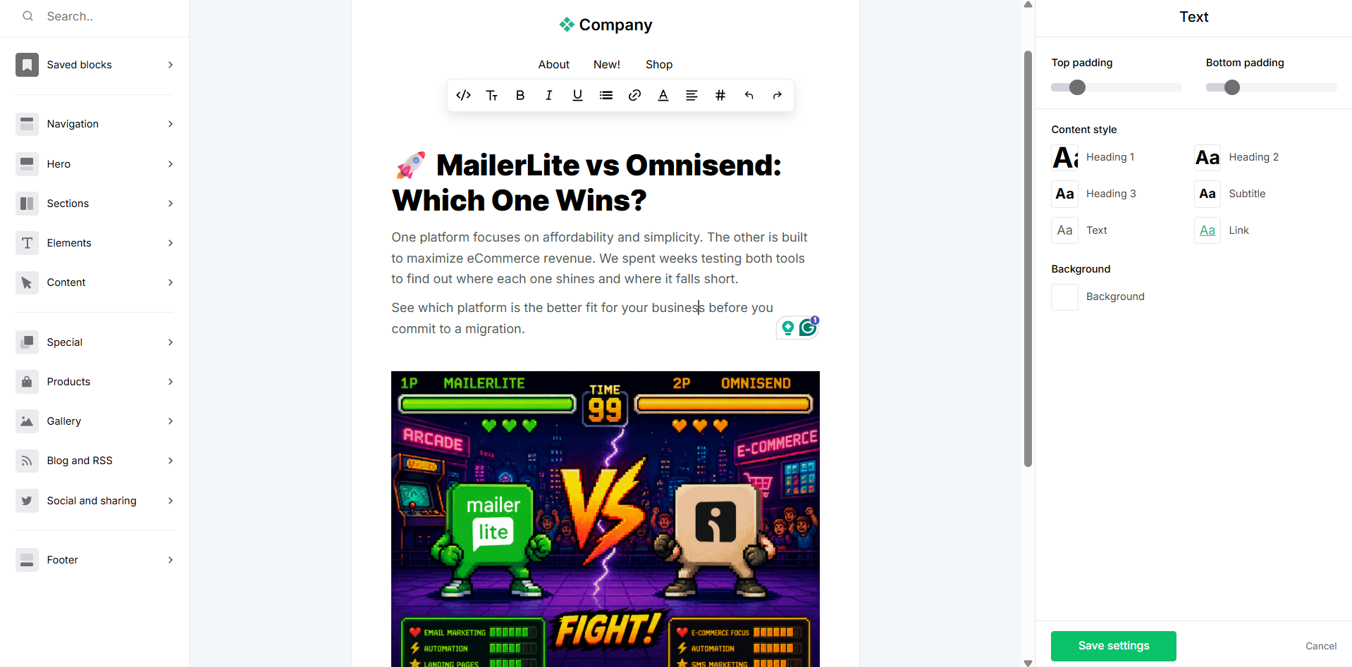 template in the MailerLite email builder