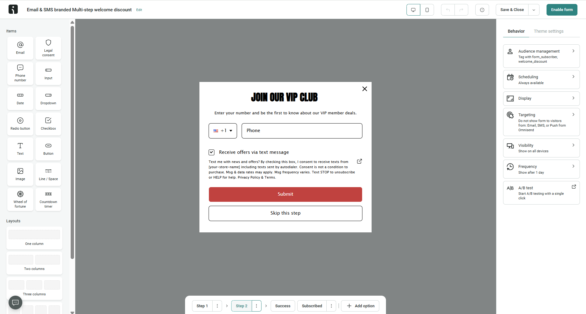 multi-step signup form to collect phone numbers