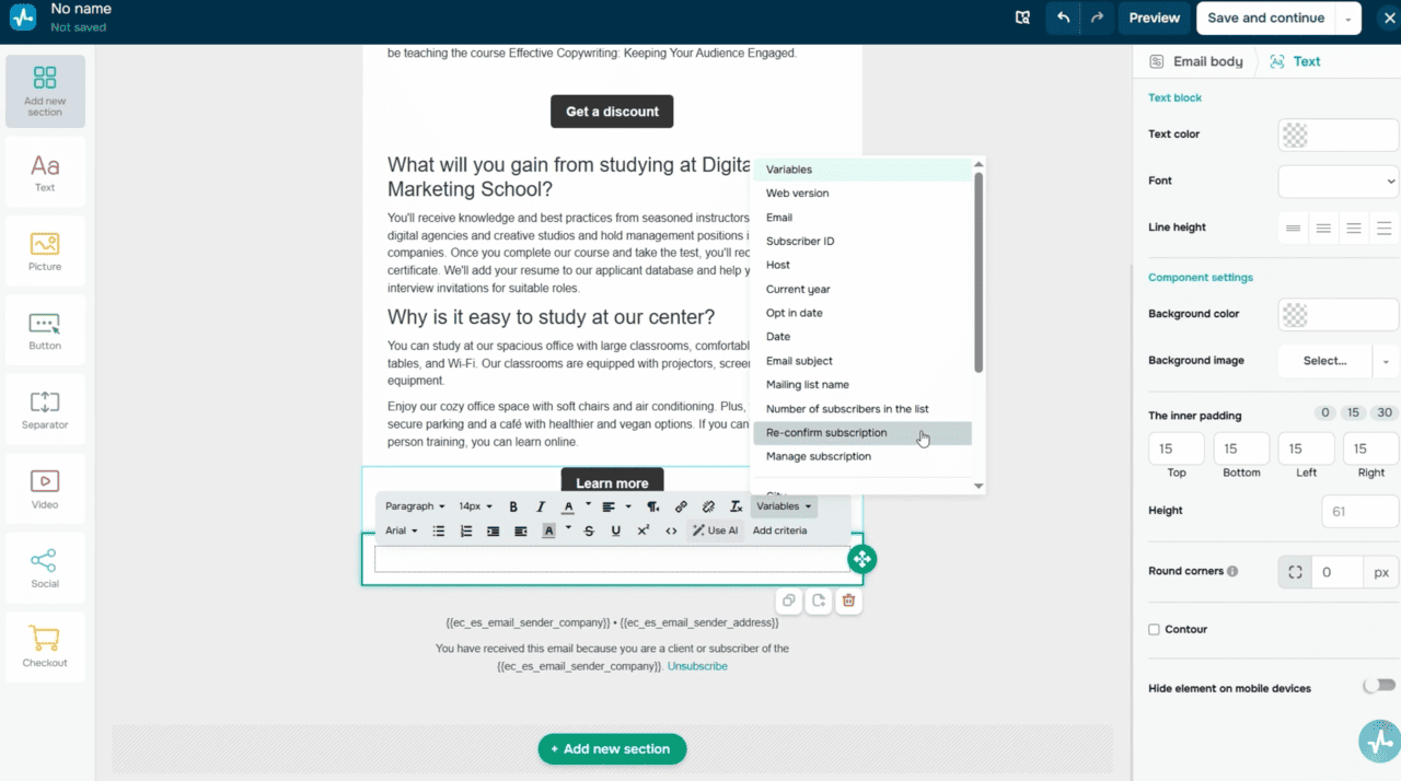 Email template editor — Re-confirm subscription and Manage subscription variables