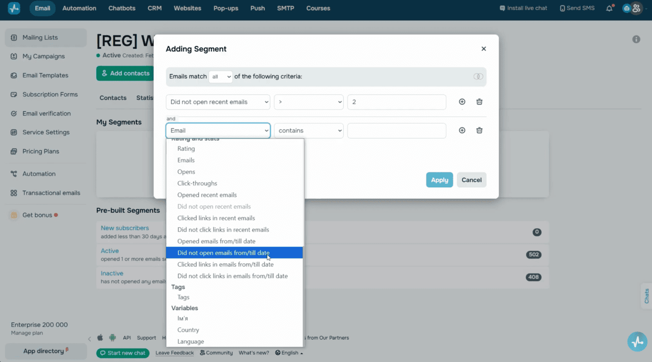 Segmentation — filtering inactive subscribers 