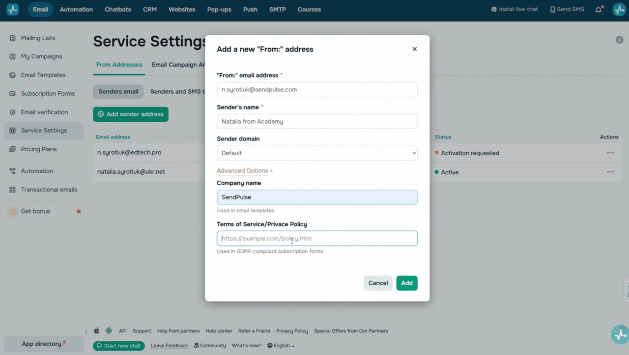 Email service settings 