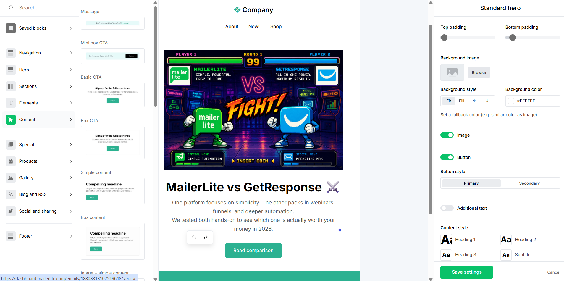 test template in MailerLite’s email builder