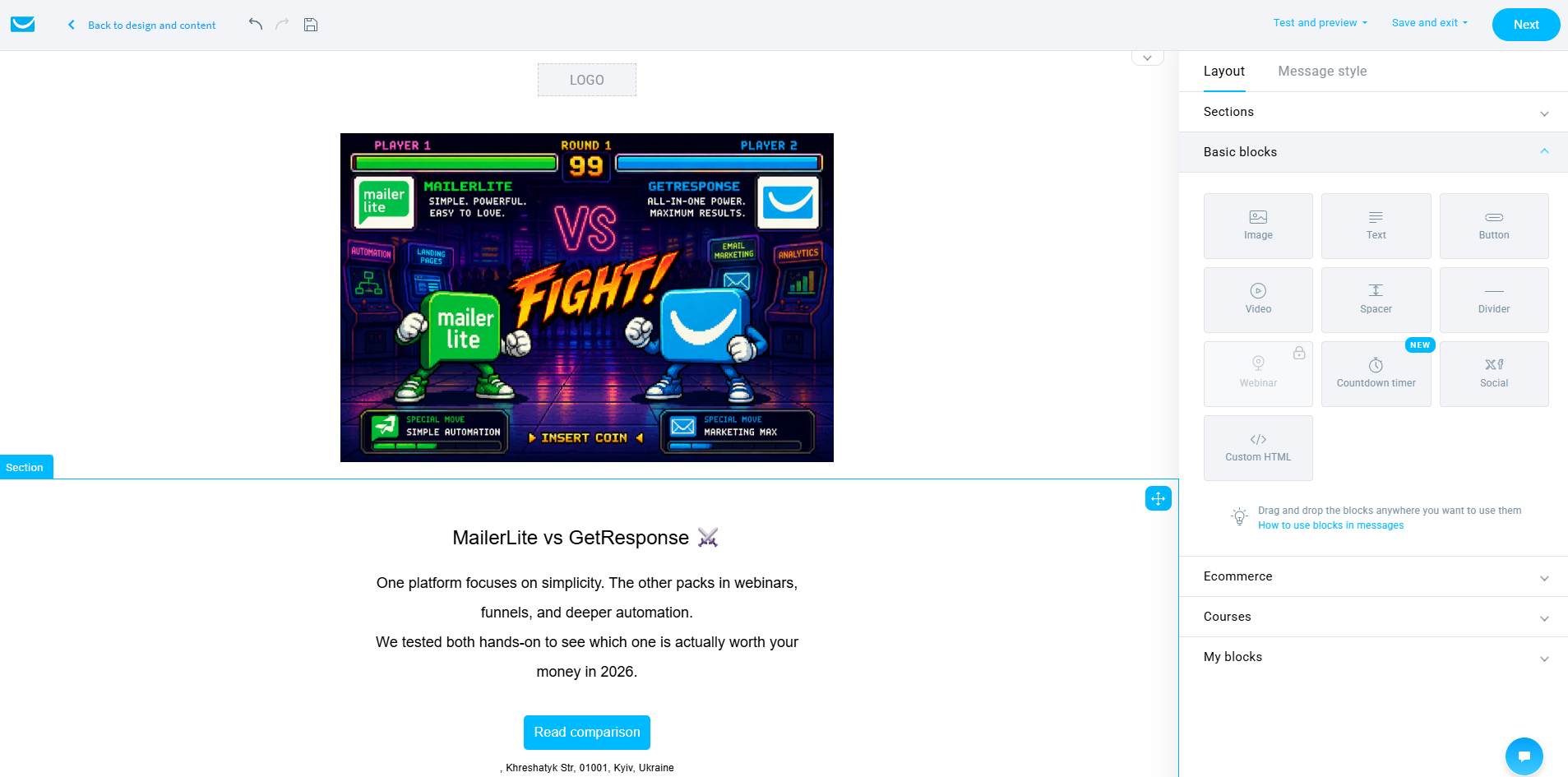 test template in the GetResponse email builder 