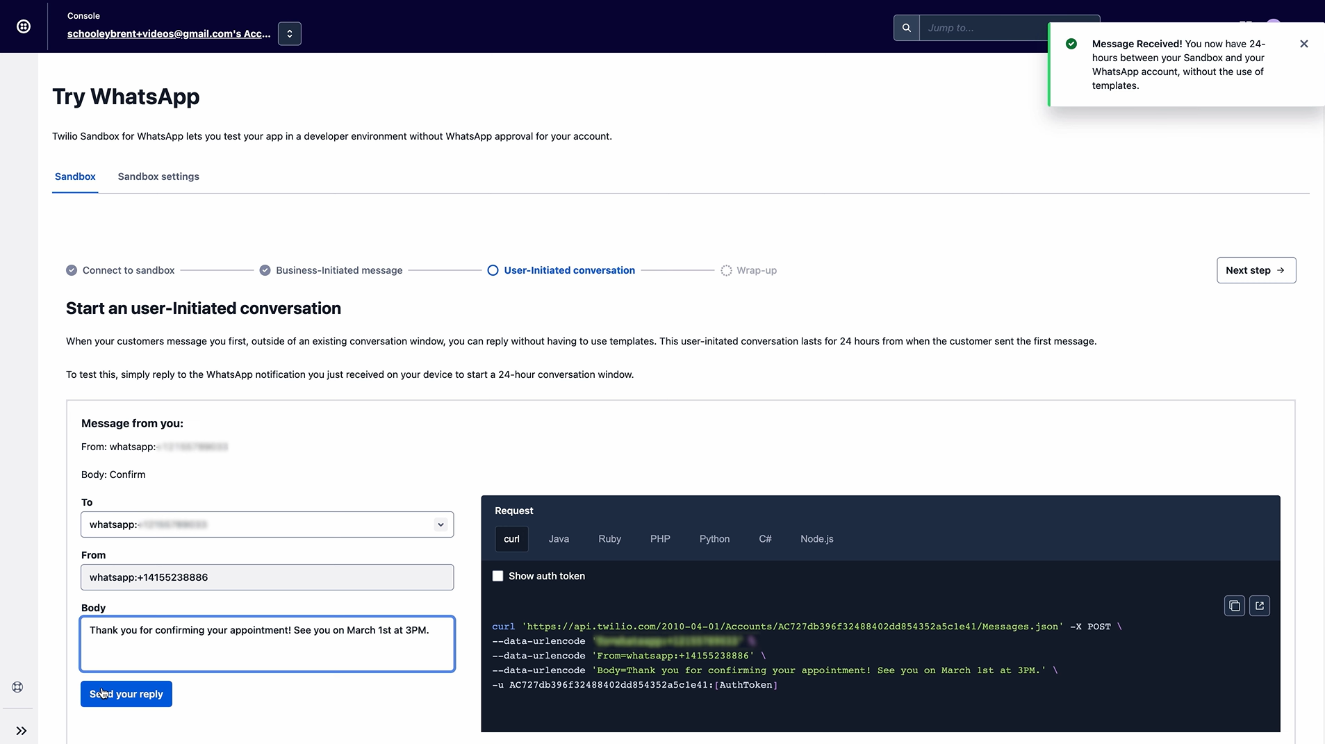 WhatsApp messaging in the Twilio sandbox console