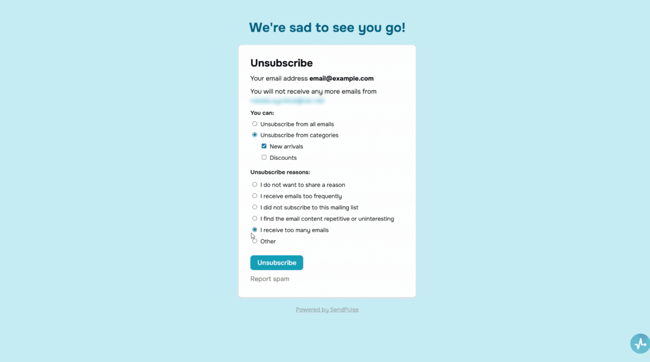 Custom unsubscribe page with survey and email campaign categories