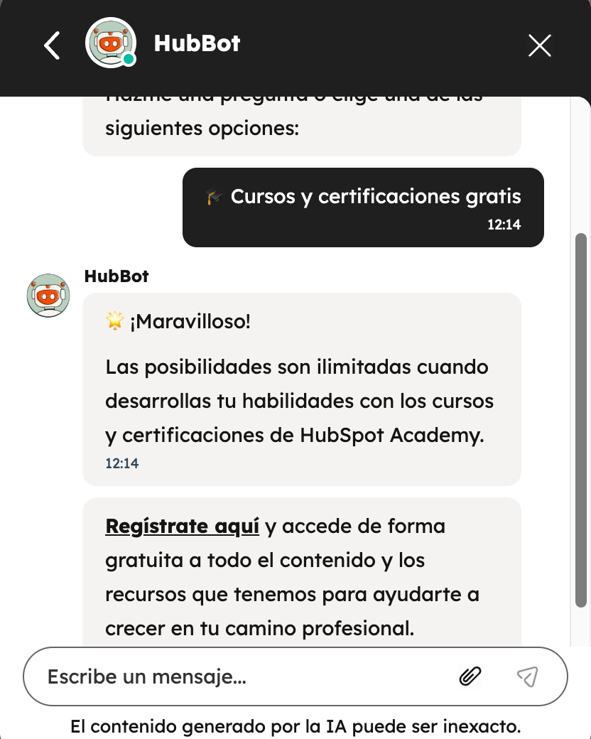 Chatbot de HubSpot respondiendo una pregunta frecuente