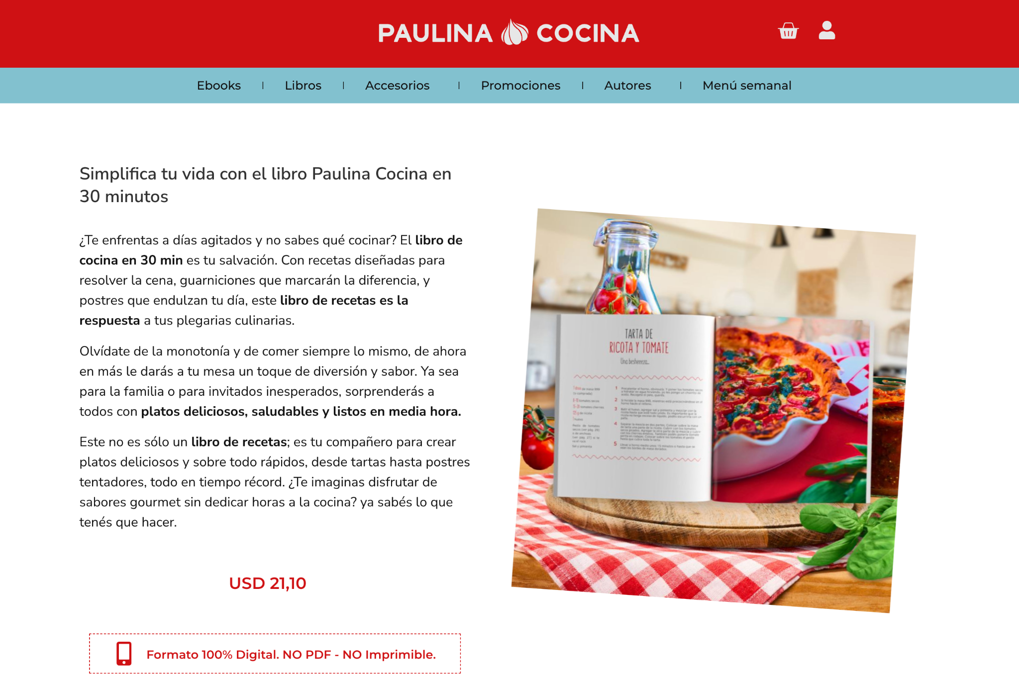 Sitio de Paula Cocina para vender productos digitales como ebooks de cocina