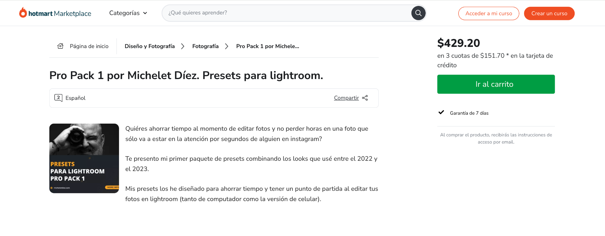 Página de Hotsmart de Michelet Día para vender productos digitales 
