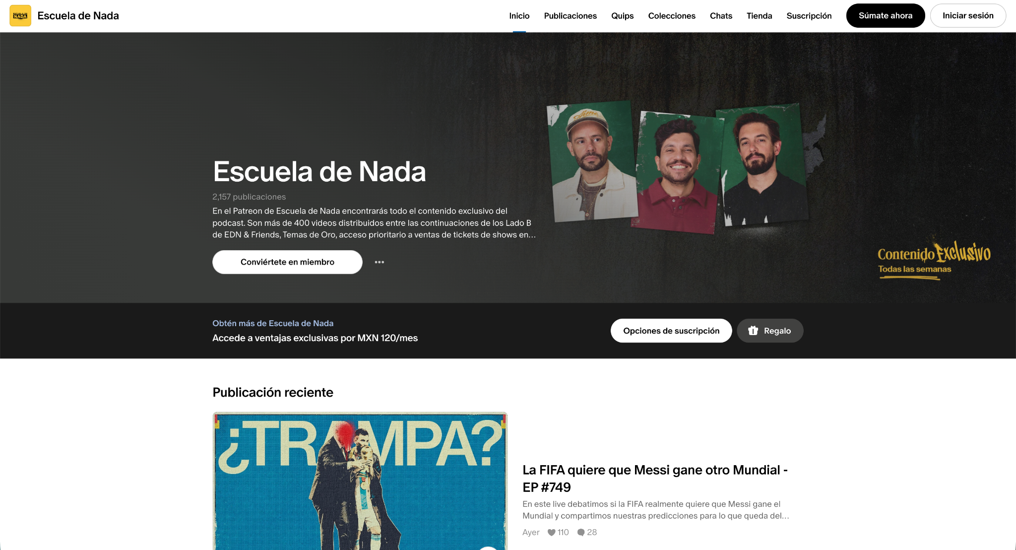 Sitio en Padreon de podcasts de Escuela de Nada