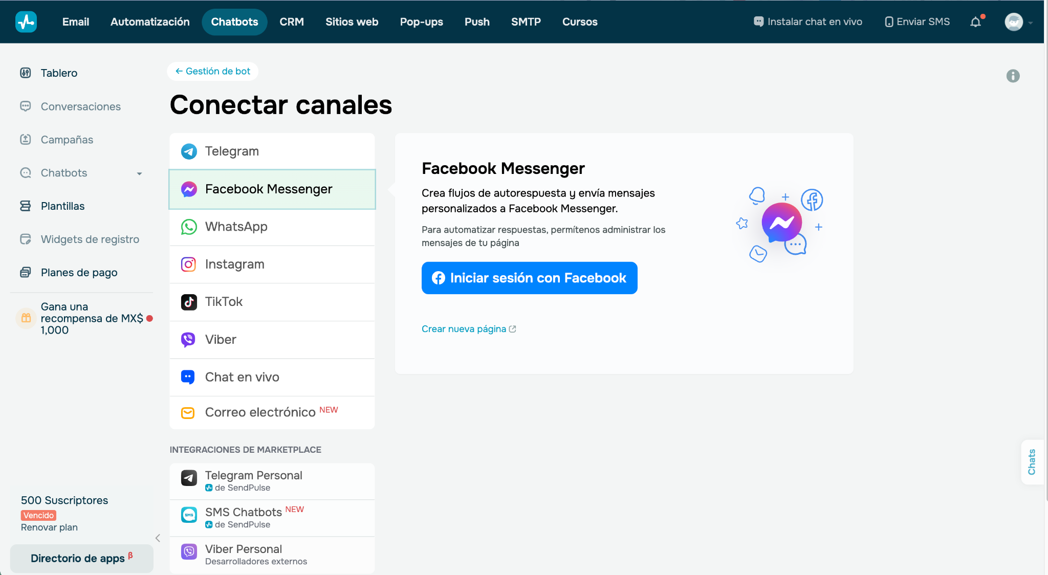 Canales de comunicación para crear un chatbot en la plataforma SendPulse