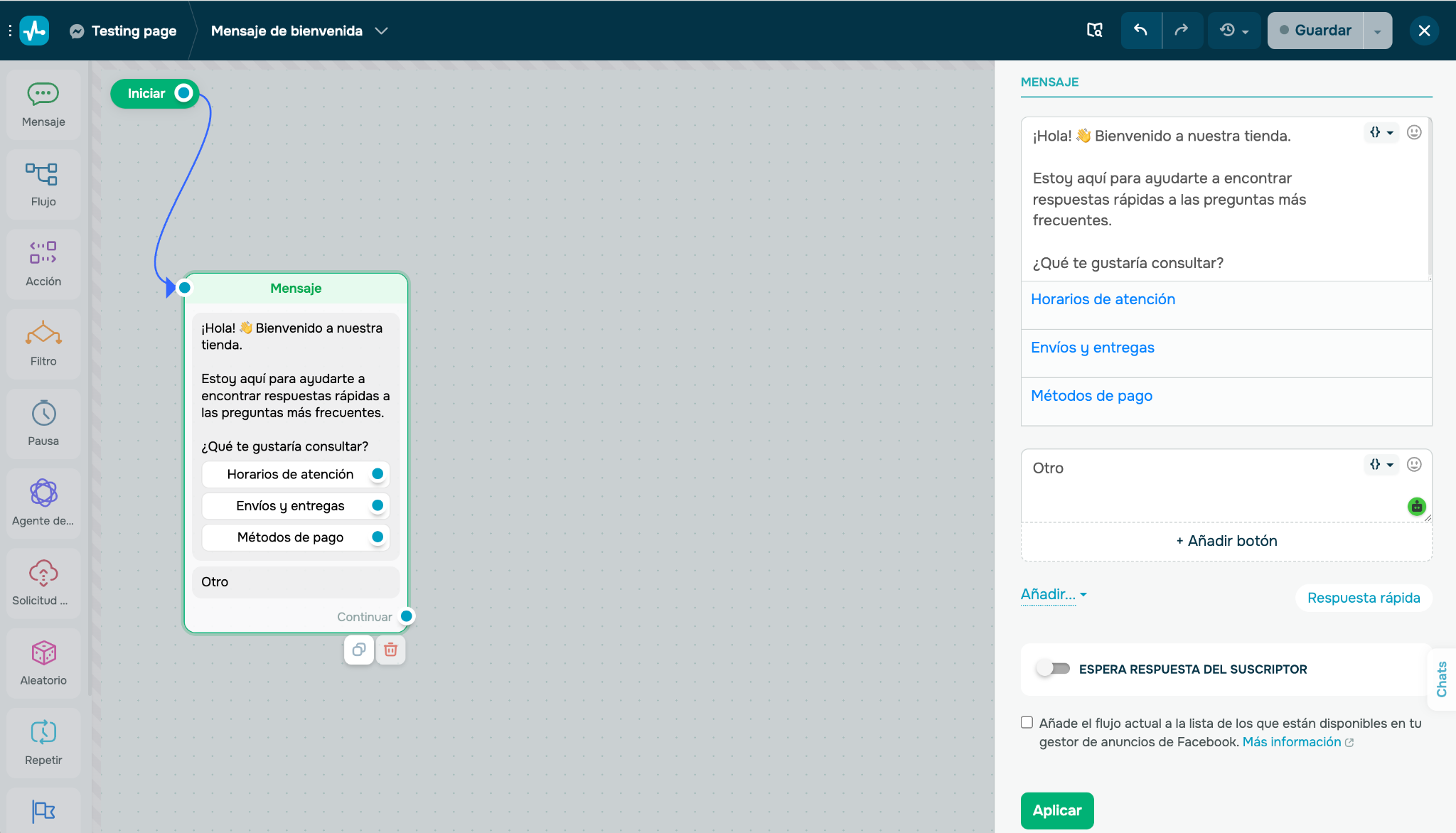 Flujo de bienvenida para un chatbot de Messenger en SendPulse