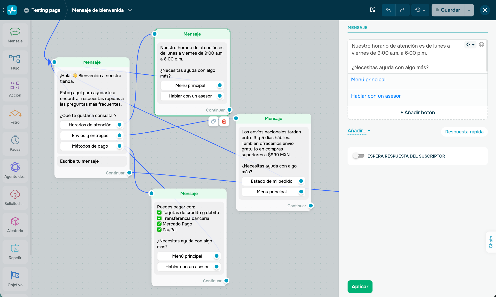 Ejemplo de un flujo de chatbot para preguntas frecuentes con el editor de SendPulse