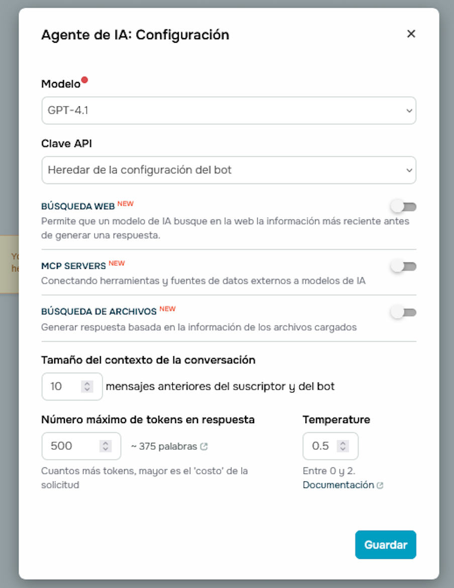 Configuración del elemento Agente de IA en el creador de chatbots de SendPulse