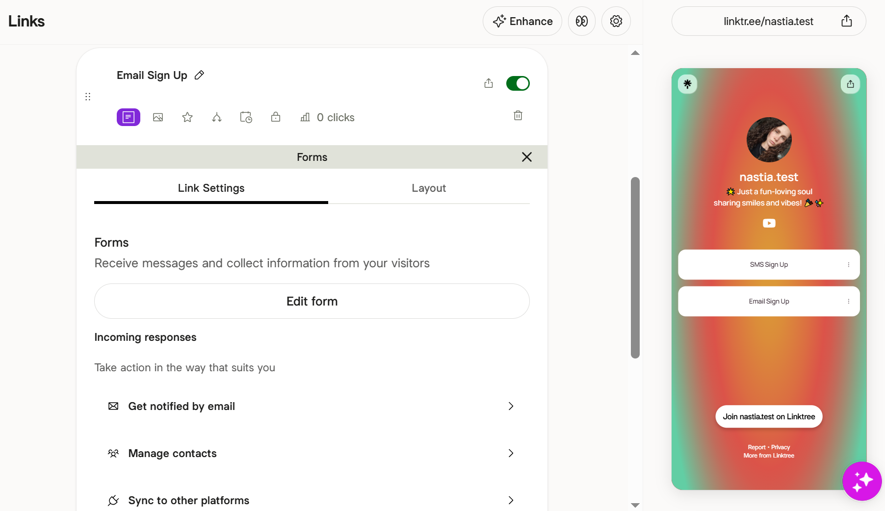 email signup form on a Linktree page