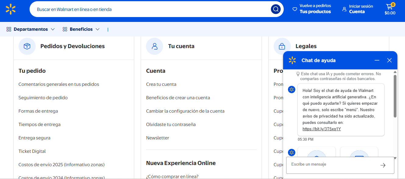 Chat en vivo de Walmart ayuda a los usuarios de manera eectiva, lo que incrementa su uso