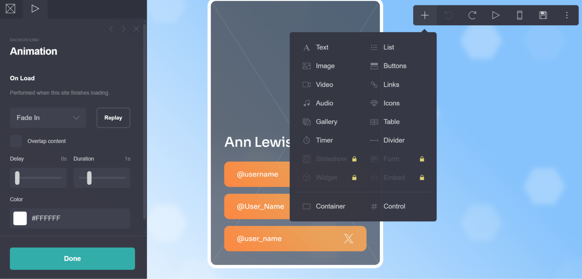 on-load animations for a bio link page in Carrd
