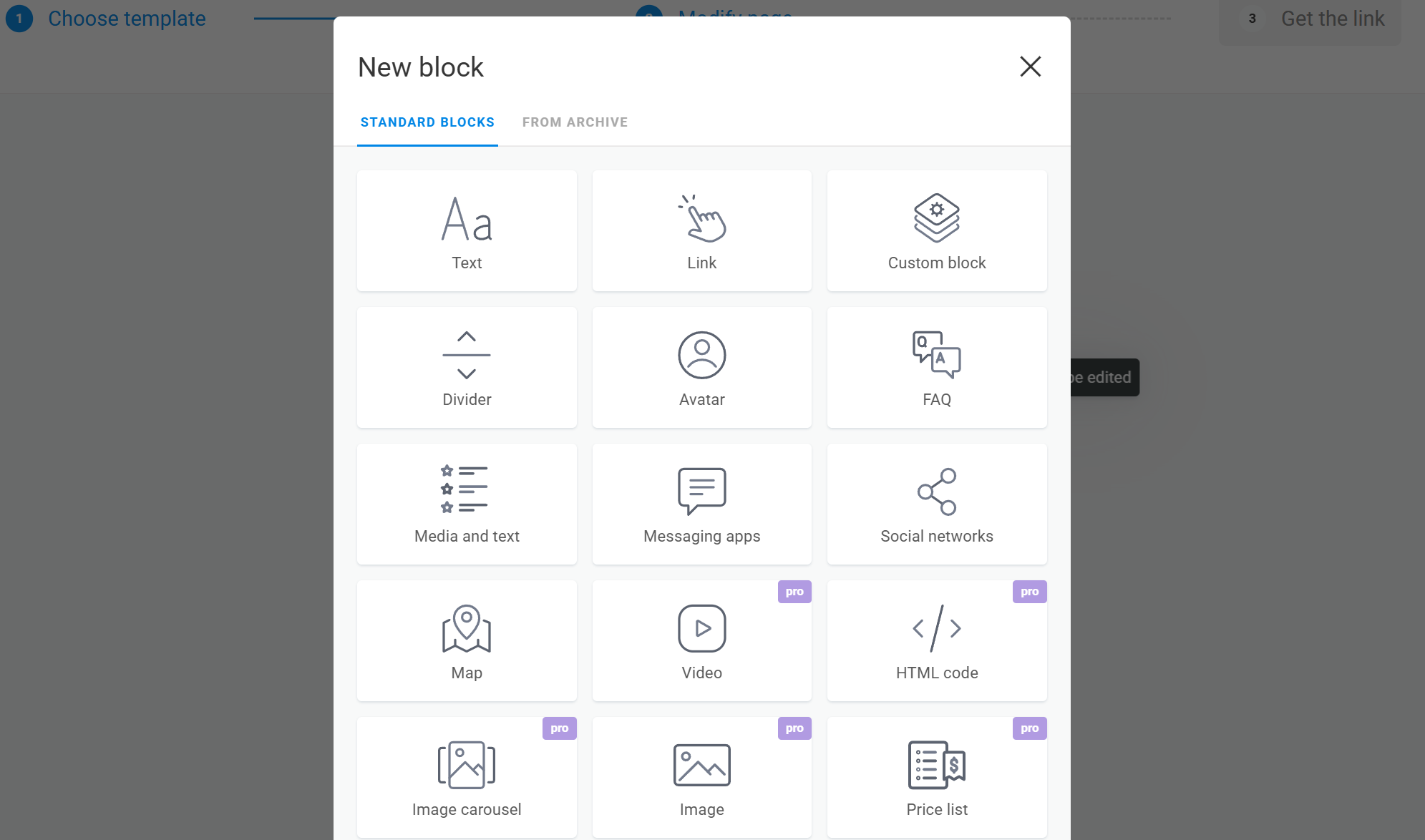 content blocks in Taplink's editor 