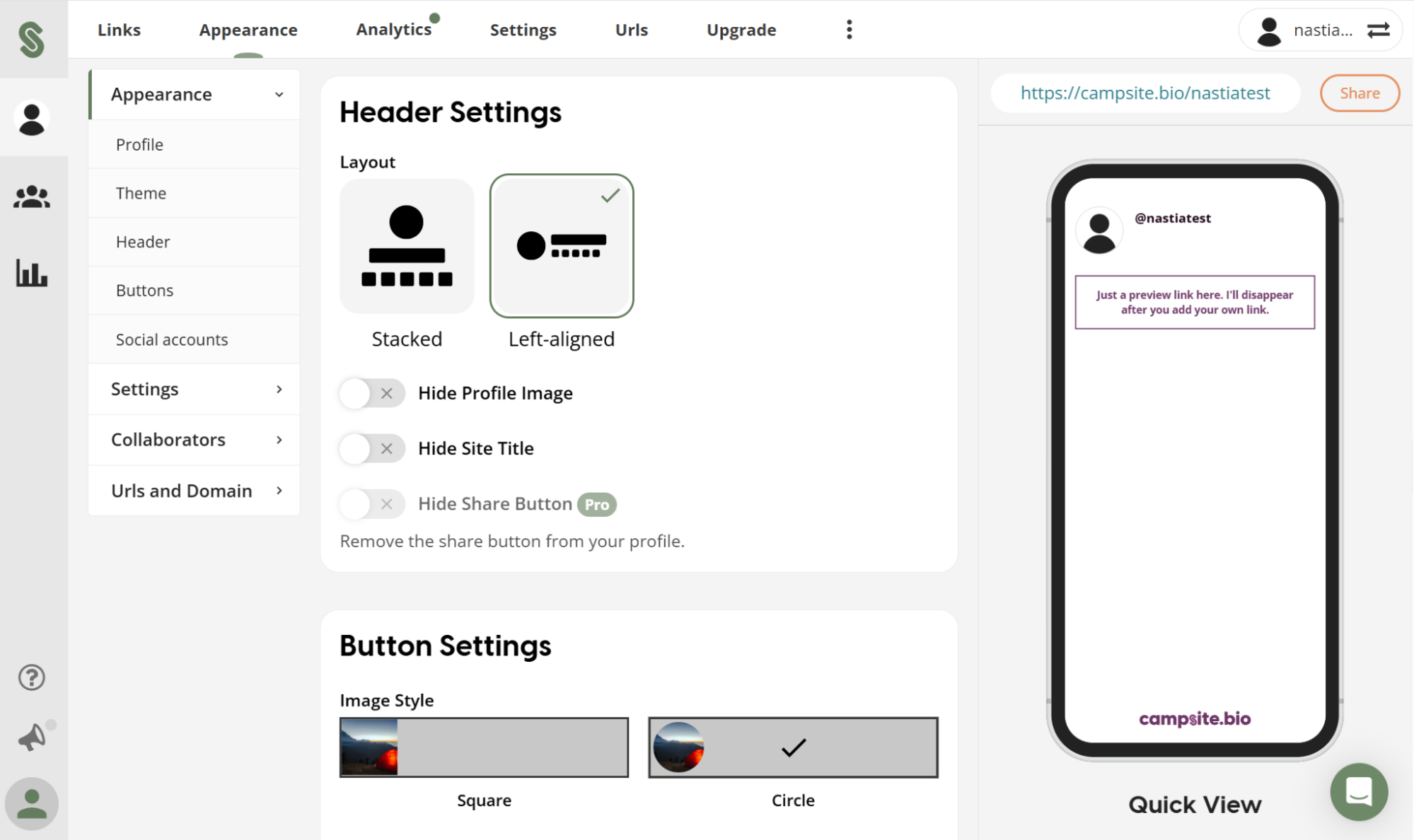 page header and button styles in Campsite.bio