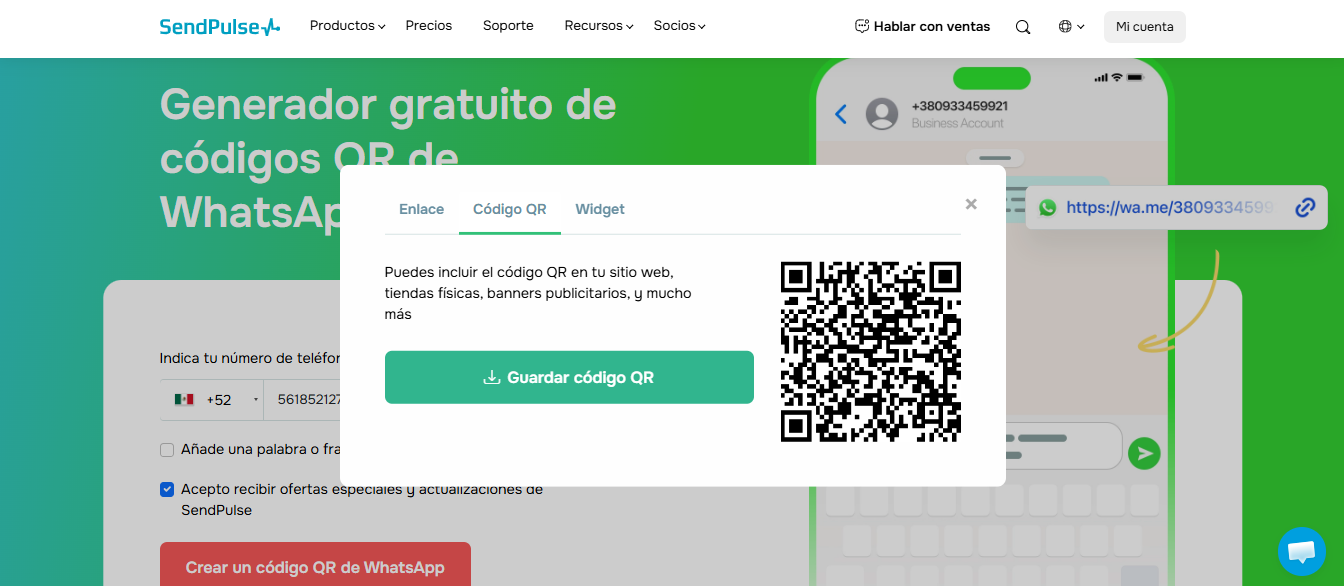 Creador de código QR  gratuito de SendPulse para crear un enlace directo al chat de WhatsApp