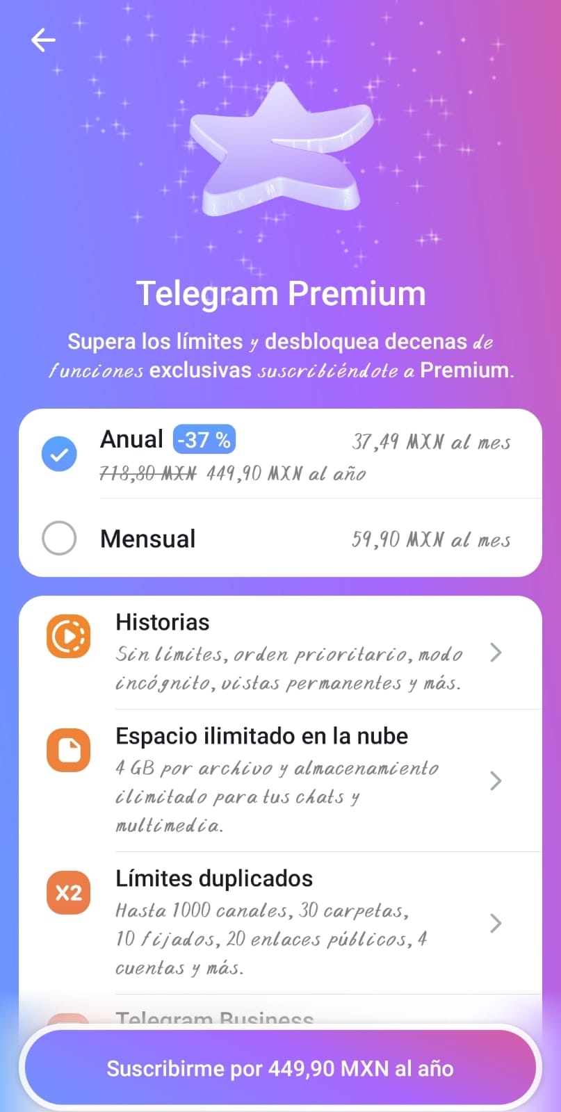 Proceso de contratación de Telegram Premium