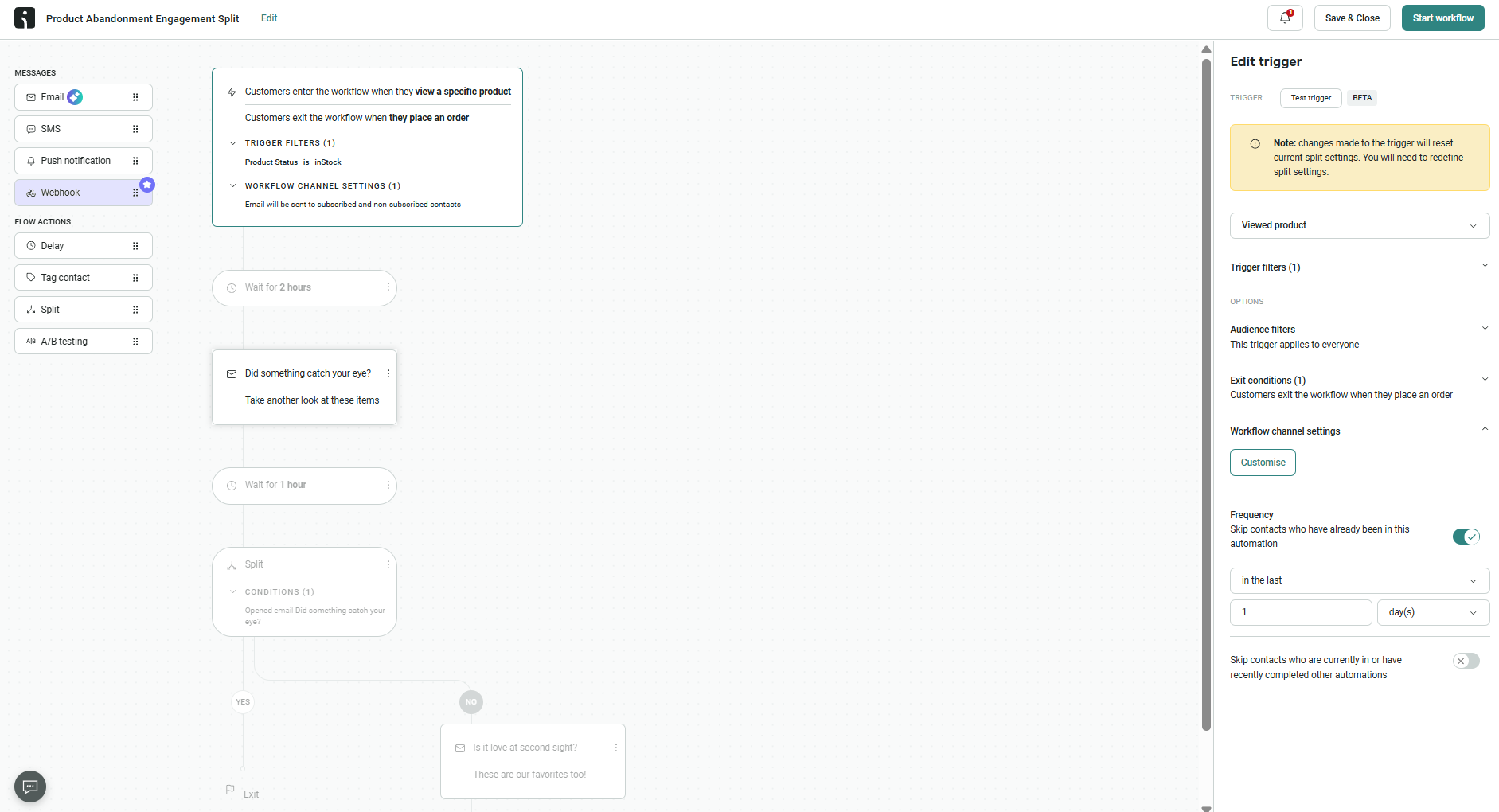 product abandonment flow in Omnisend's automation builder 