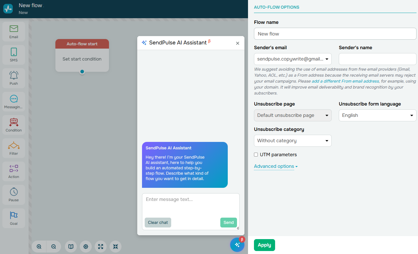 flow in the SendPulse builder