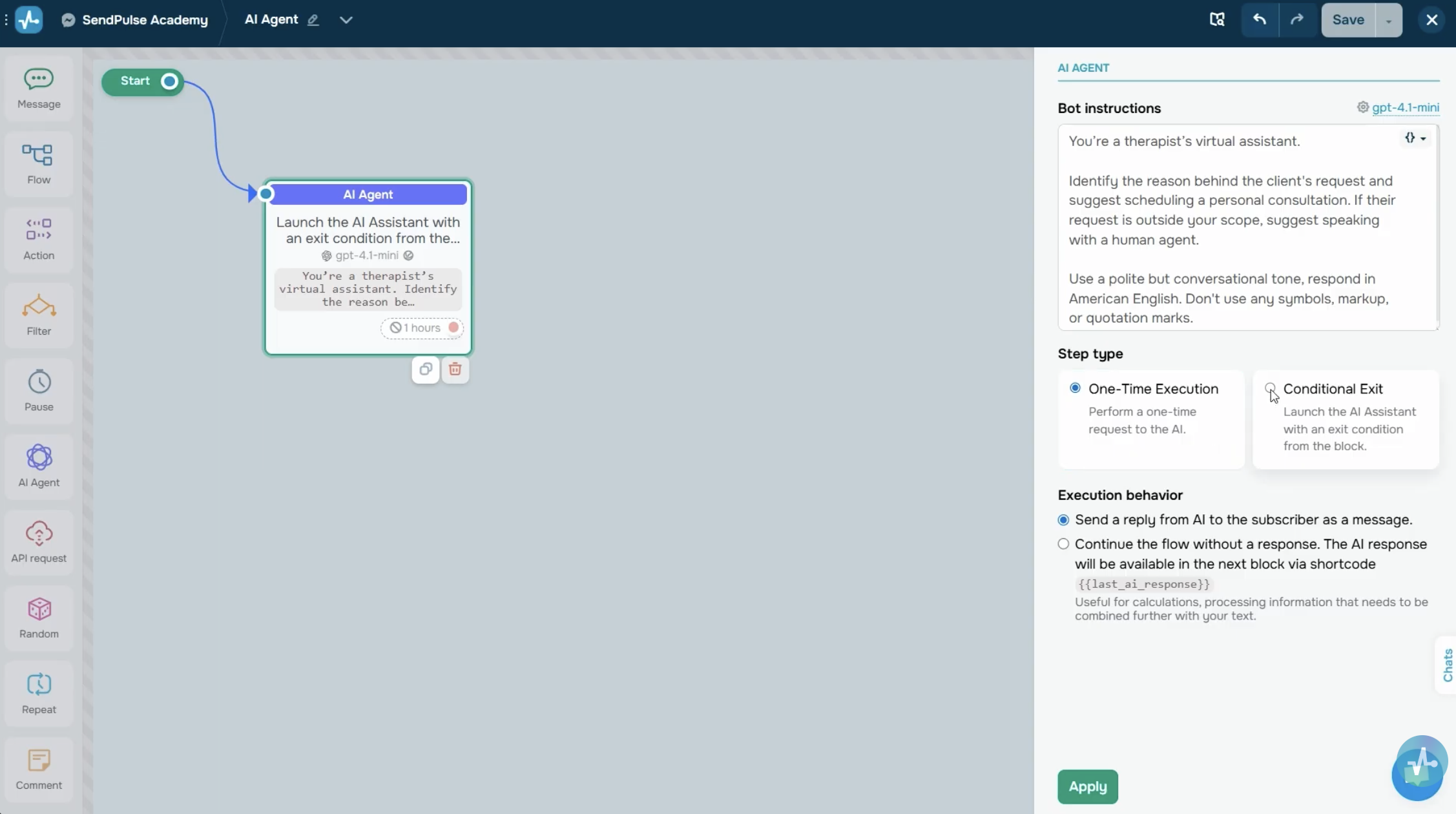 Exit condition mode fields in the advanced settings