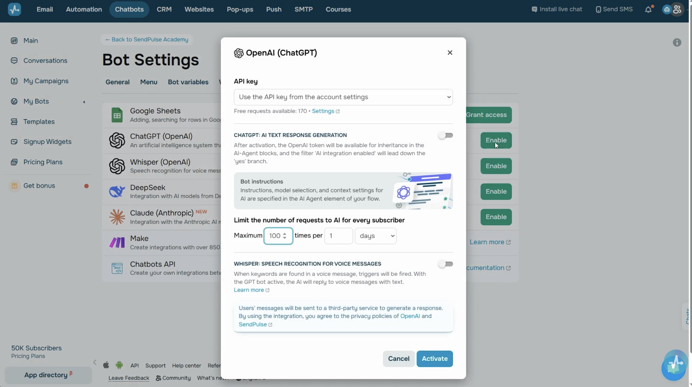 AI integration toggle in Bot settings