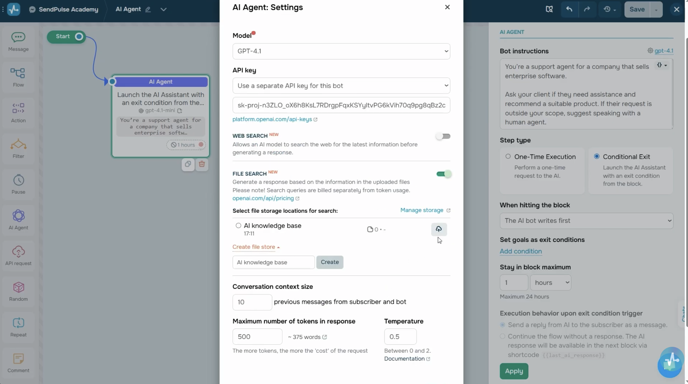 Model selection and API key fields in the AI Agent 