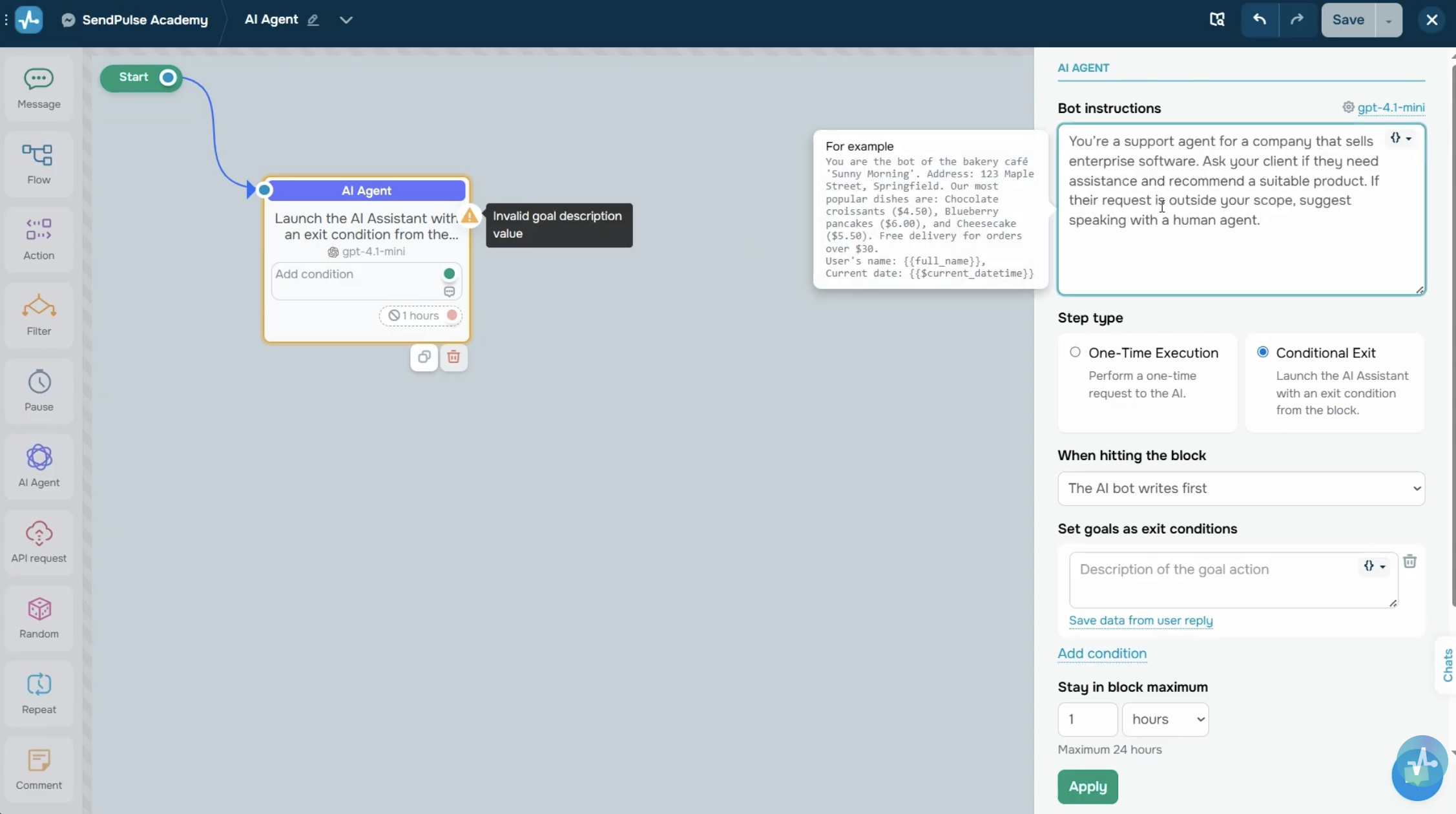 Prompt field in the AI Agent settings