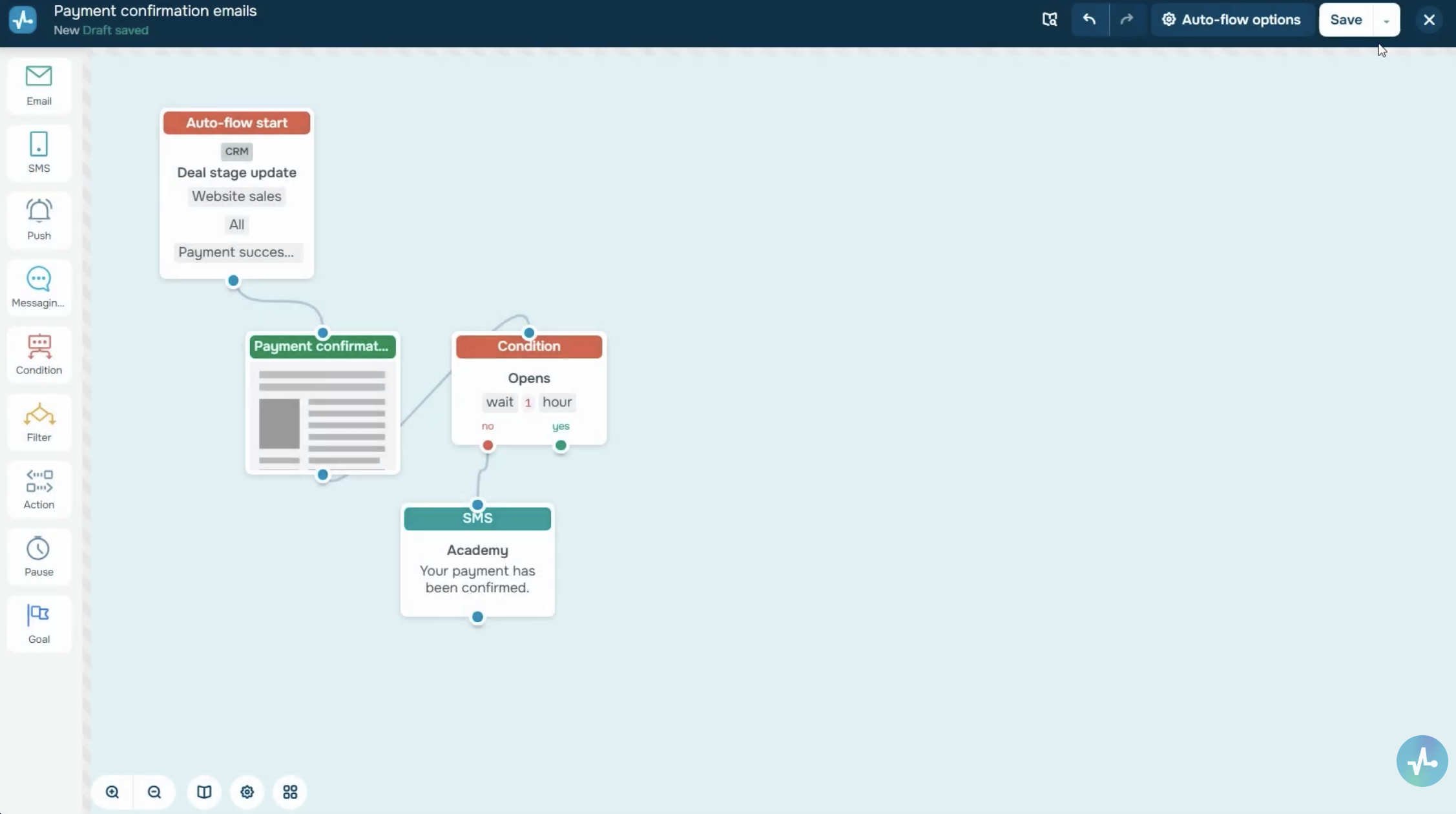 Flow with the “Deal stage update” trigger and the connected Email element.