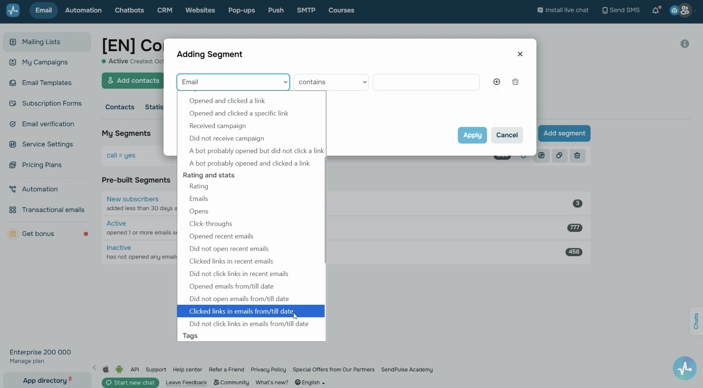 Segment type drop-down list with Email actions, Subscriber rating, and Interaction statistics options selected in turn.