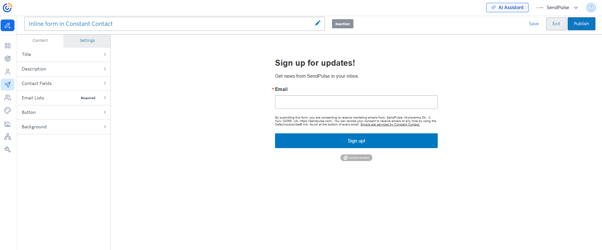 inline signup form in Constant Contact