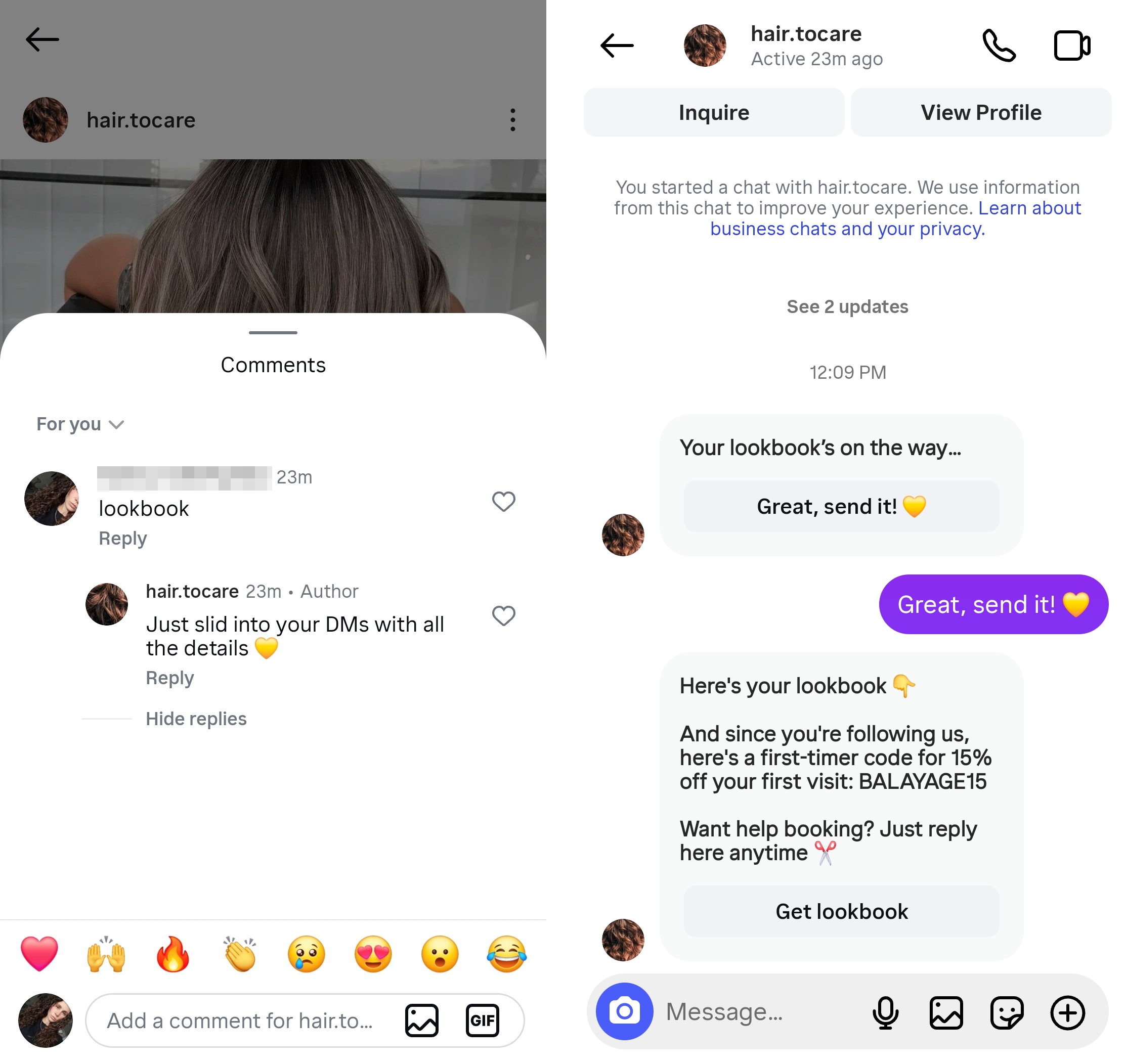 comment under the post triggers the public reply and DM