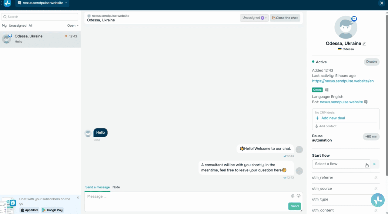Conversations tab — chat history, user details