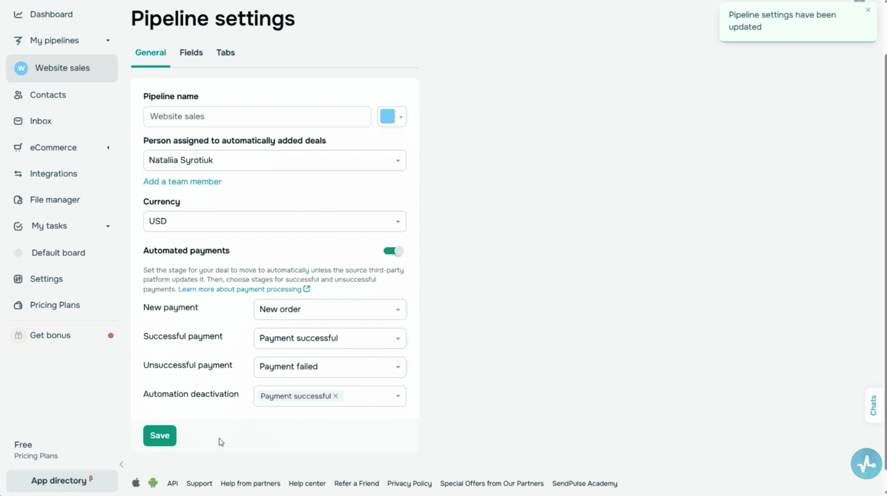 Pipeline settings