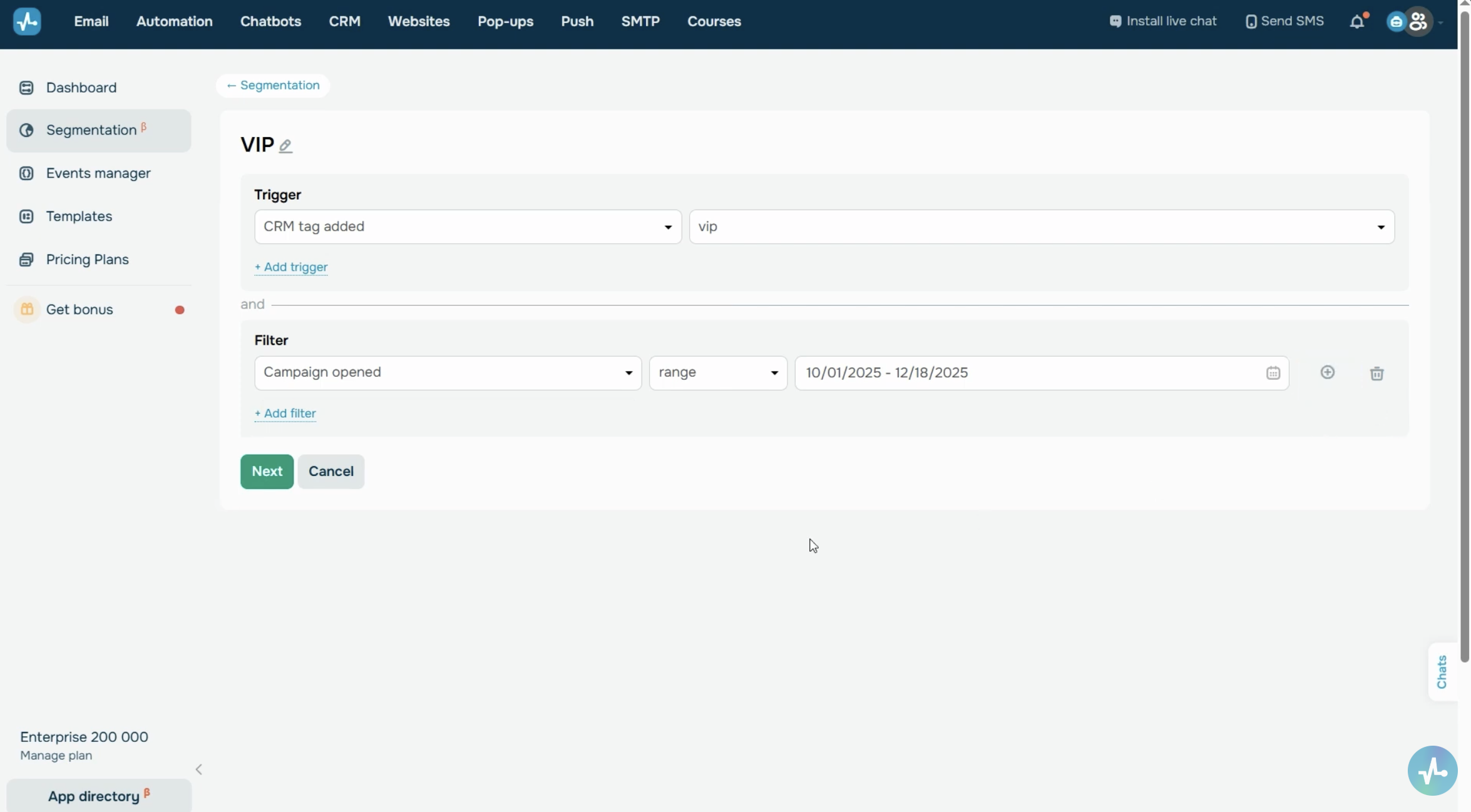 The dynamic segment builder with a trigger and a filter configured for the “VIP clients” example segment.