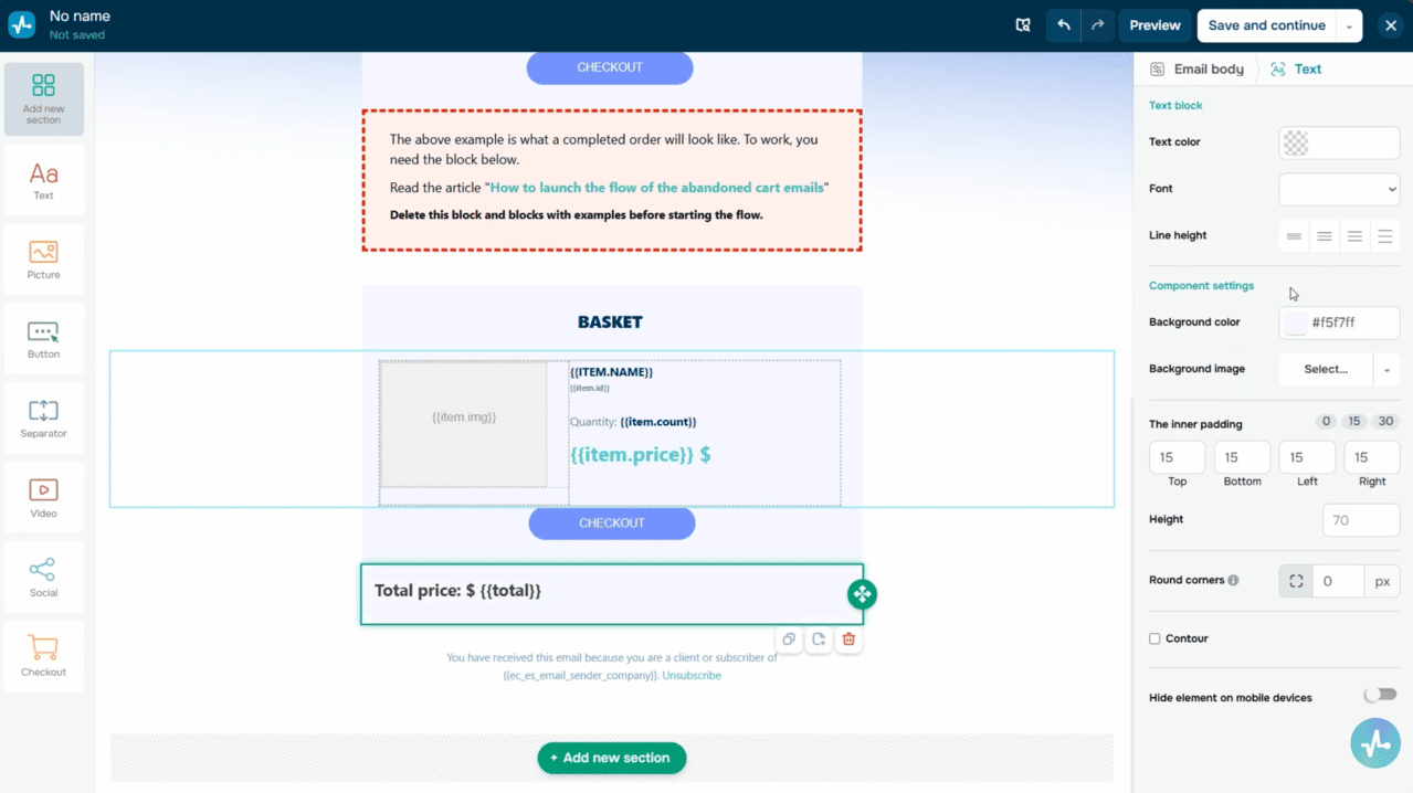 Email builder — abandoned cart template with dynamic product cards 