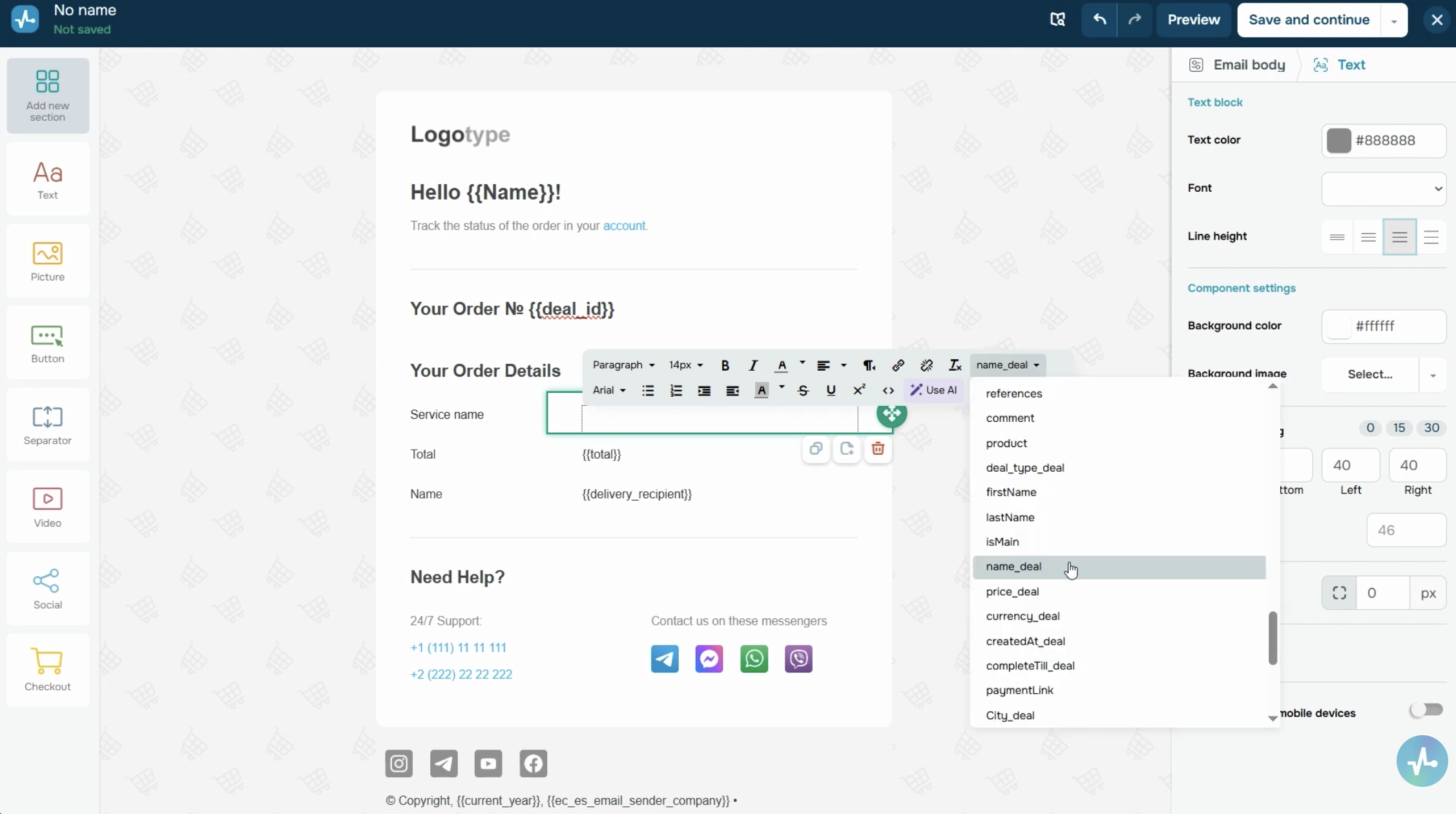 Email builder with the variables drop-down list and inserted deal variables.