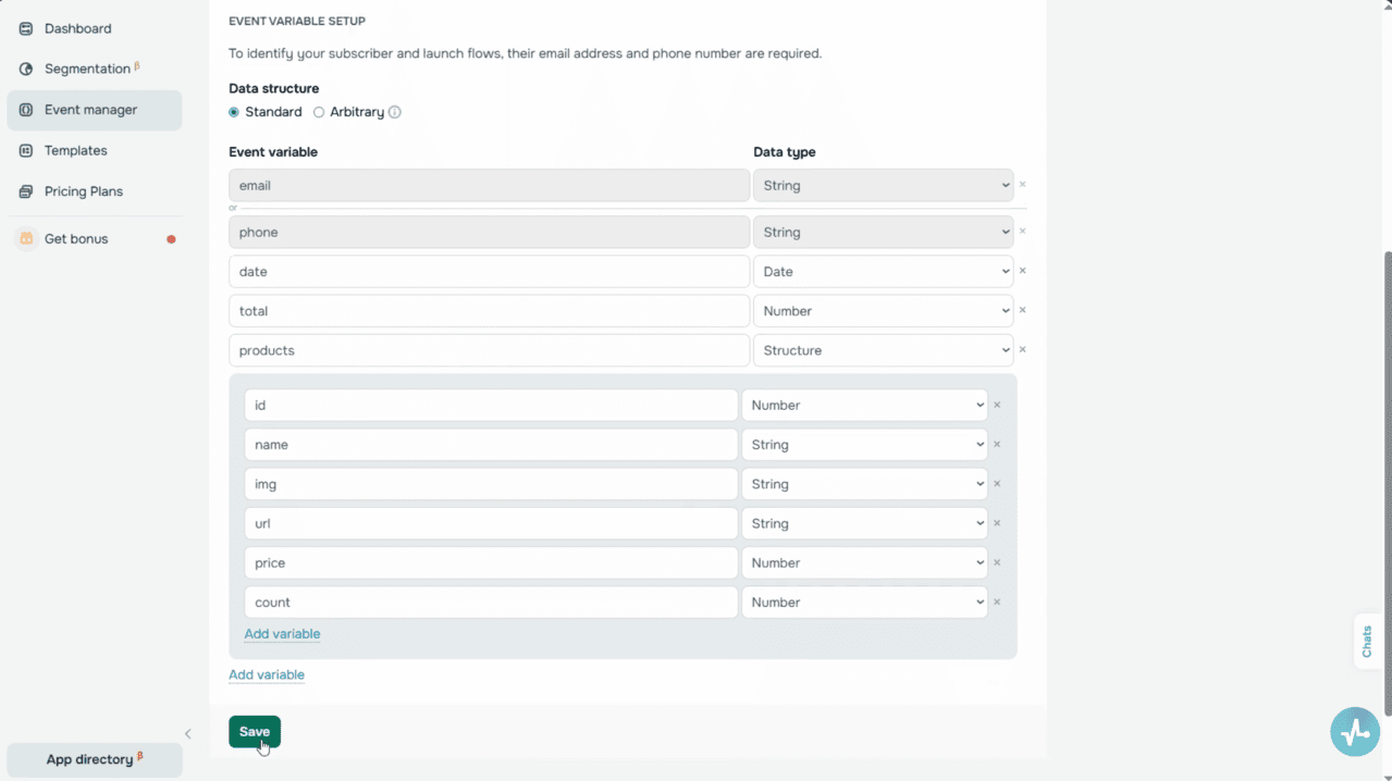 Event manager — Abandoned cart event setup with variables
