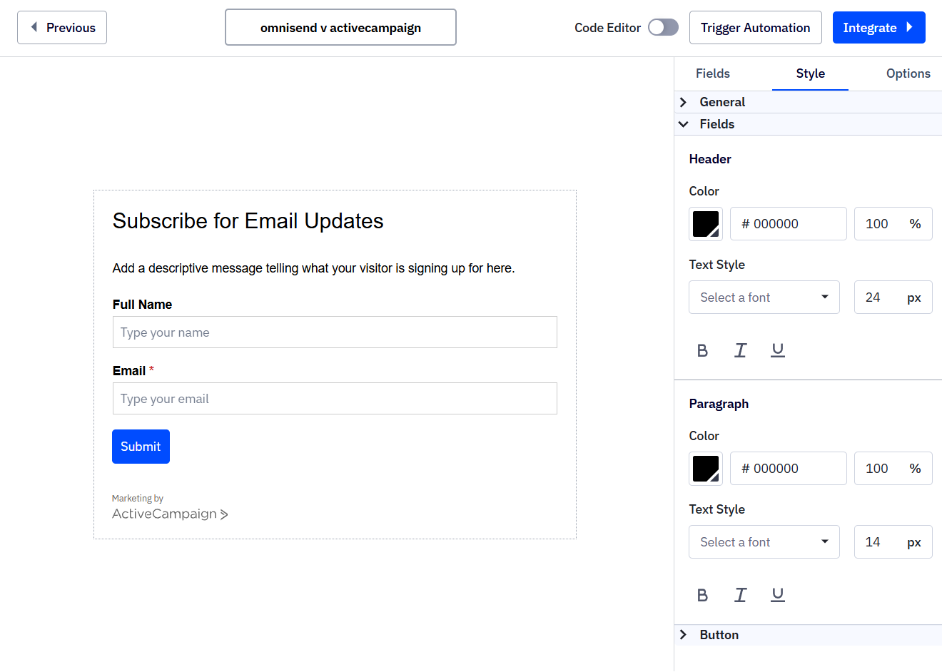 subscription form in ActiveCampaign