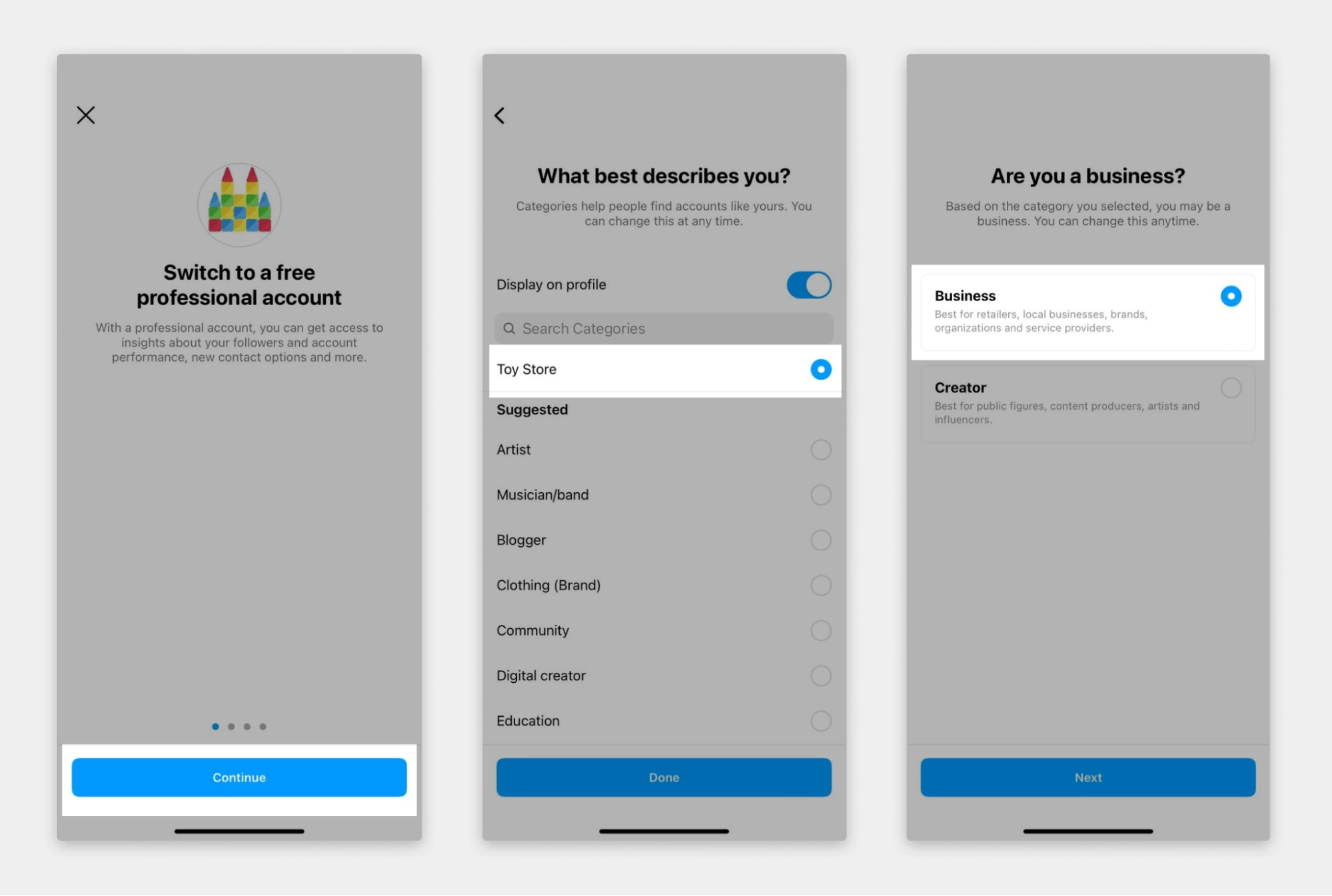 Instagram Business account switching