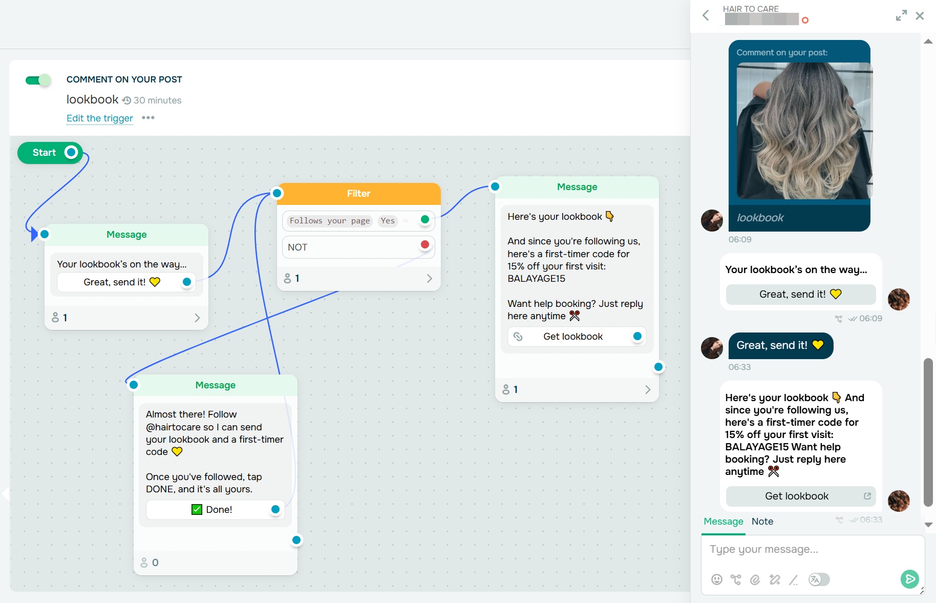 flow preview and the live DM it produces 