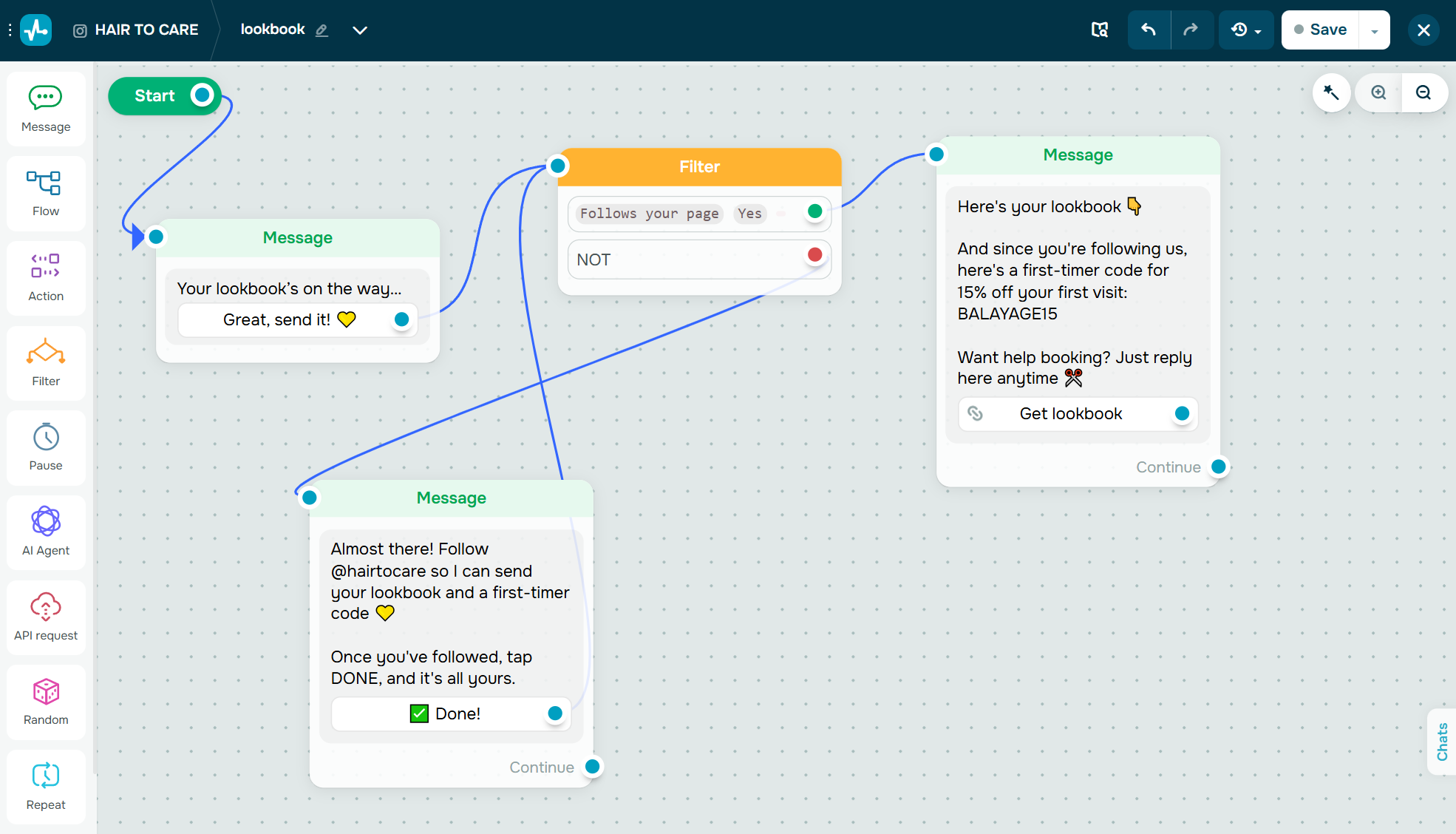 “Follows your page” filter condition to deliver the lead magnet